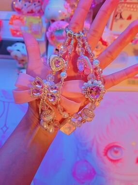 Pink Crystal Bow & Heart Charm Bag Chain